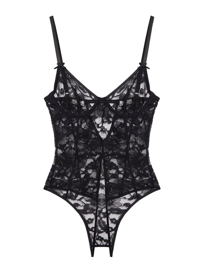 Black Magnolia Lace Ouvert Bodysuit - Fleur du Mal