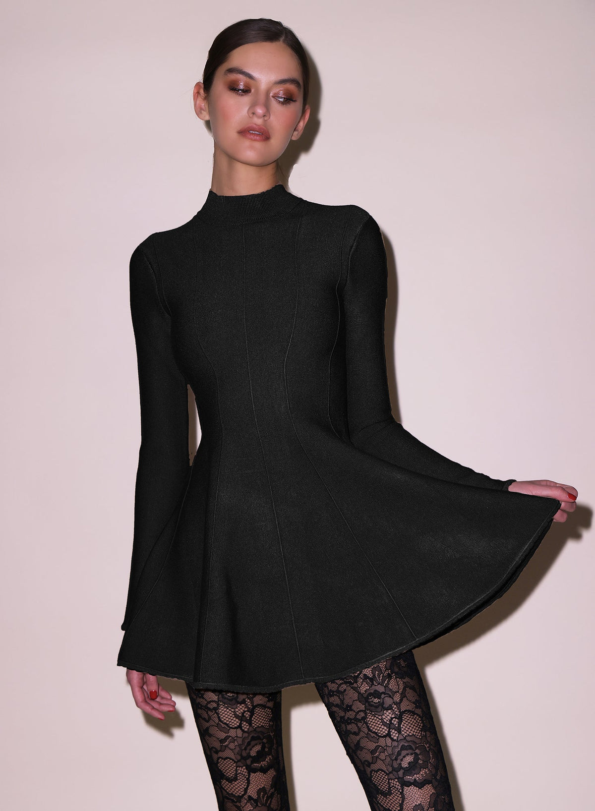 Black Long Sleeve Flared Corset Dress - Fleur du Mal