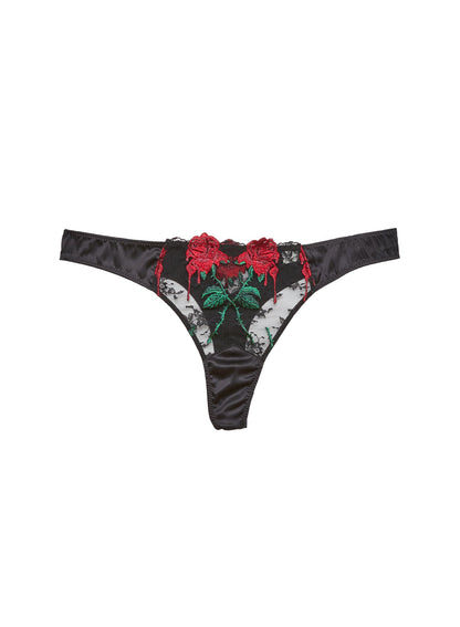 Black Vampire Rose Embroidery Thong - Fleur du Mal