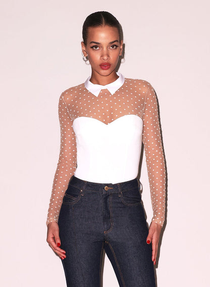 Ivory Collared Bodysuit with Dotted Tulle - Fleur du Mal