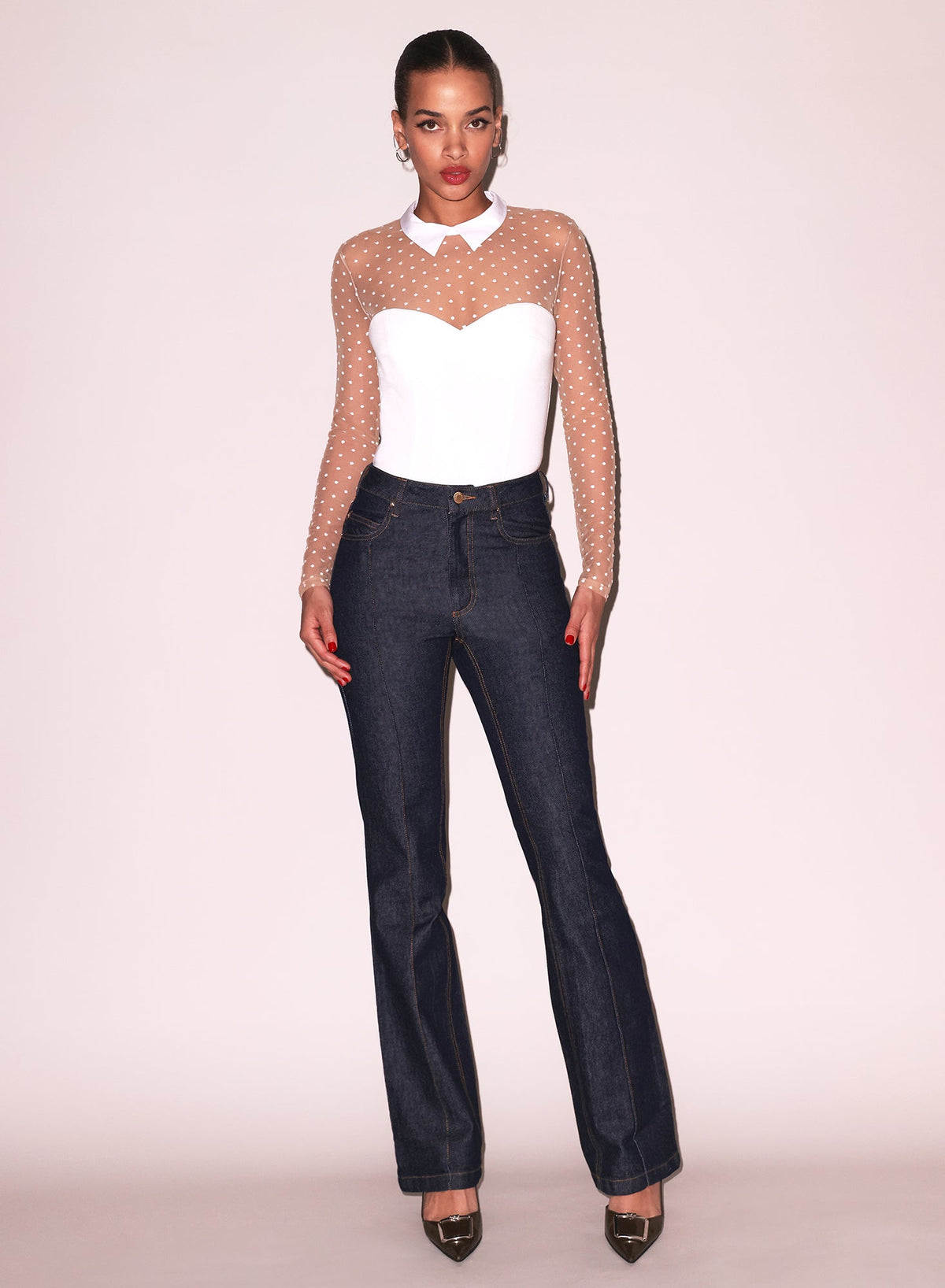 Ivory Collared Bodysuit with Dotted Tulle - Fleur du Mal