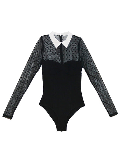 Black Collared Bodysuit with Dotted Tulle - Fleur du Mal