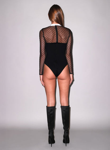 Black Collared Bodysuit with Dotted Tulle - Fleur du Mal