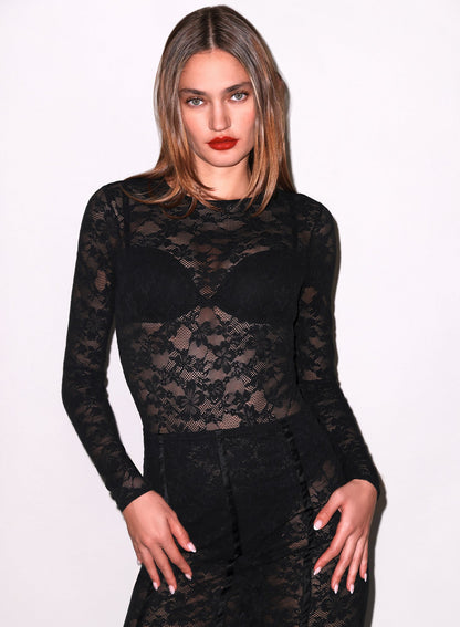 Black Le Stretch Lace Long Sleeve Bodysuit - Fleur du Mal