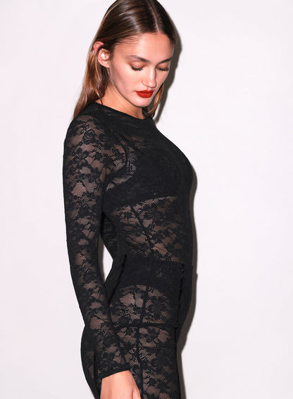 Black Le Stretch Lace Long Sleeve Bodysuit - Fleur du Mal