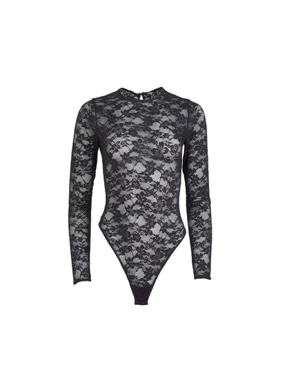 Black Le Stretch Lace Long Sleeve Bodysuit - Fleur du Mal