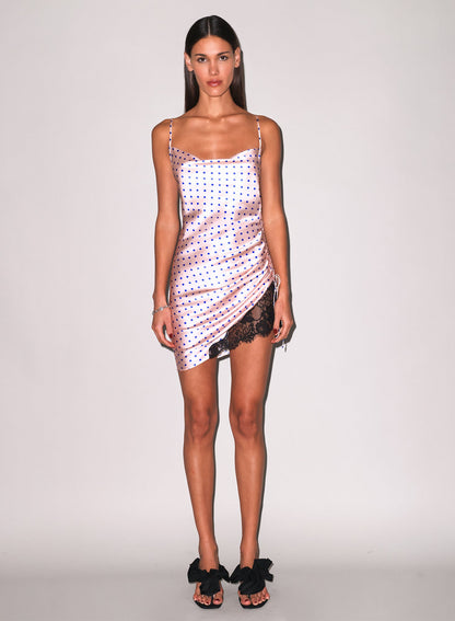 Small Blue Dot Silk Ruched Dress - Fleur du Mal