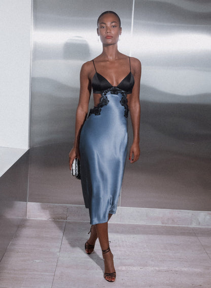Blue Haze Silk & Lace Cutout Slip - Fleur du Mal