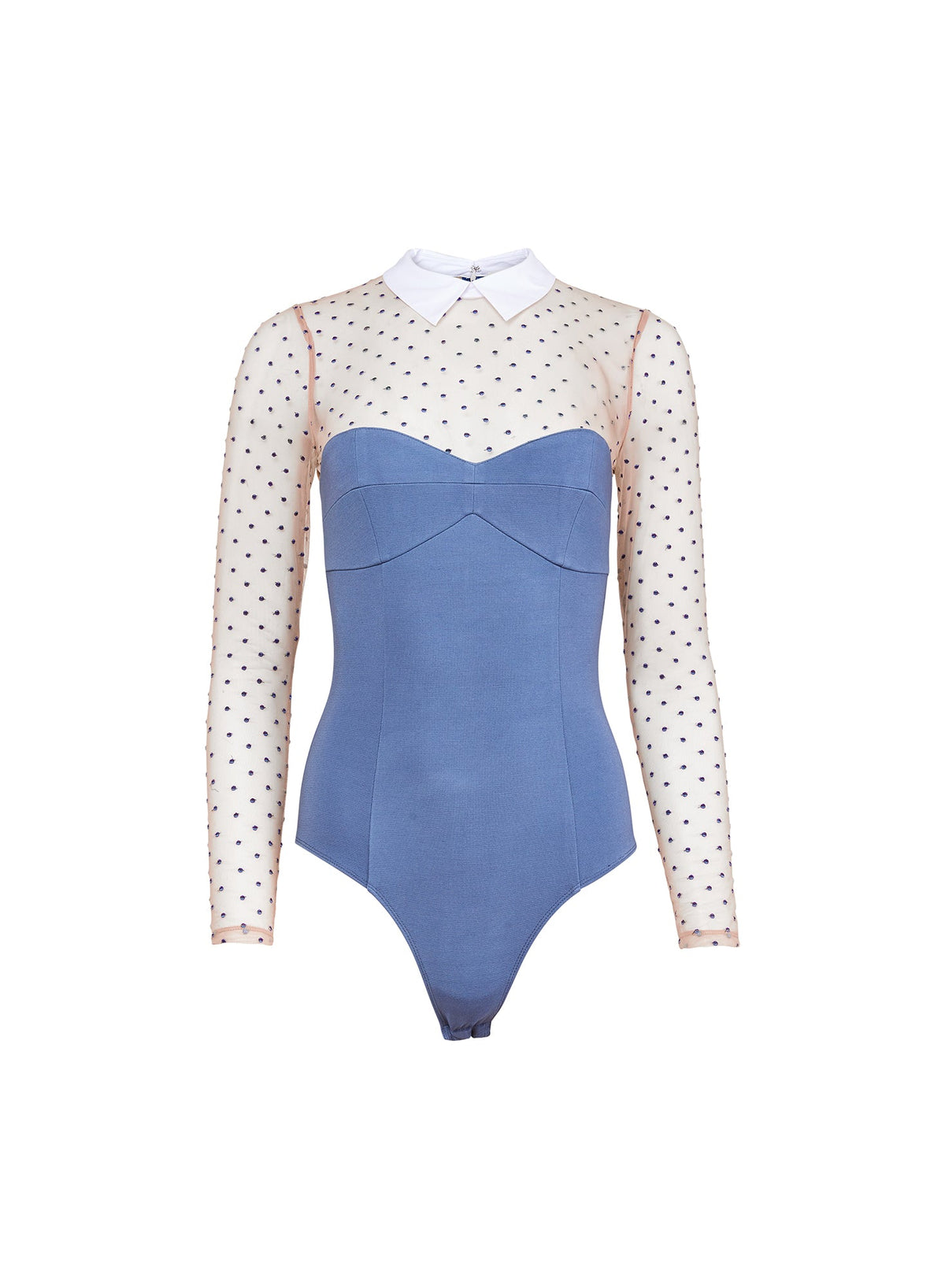 Blue Haze Collared Bodysuit with Dotted Tulle - Fleur du Mal