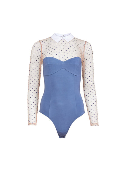 Blue Haze Collared Bodysuit with Dotted Tulle - Fleur du Mal