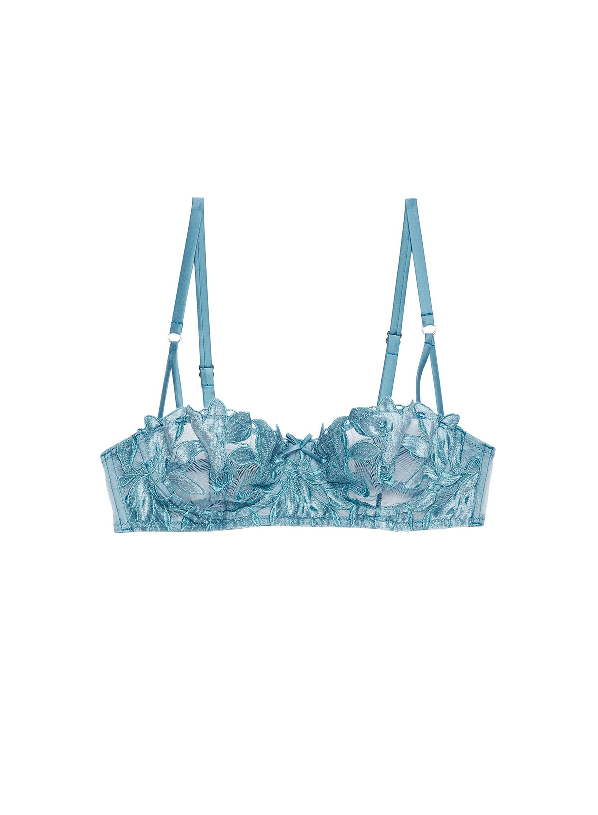Velvet Icy Teal Lily Embroidery Balconette Bra - Fleur du Mal