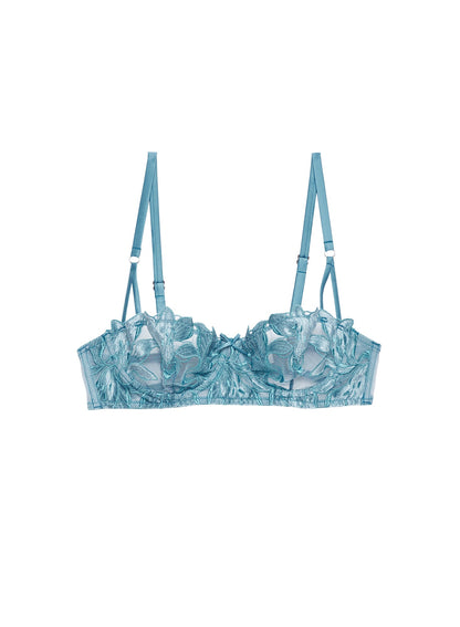 Velvet Icy Teal Lily Embroidery Balconette Bra - Fleur du Mal