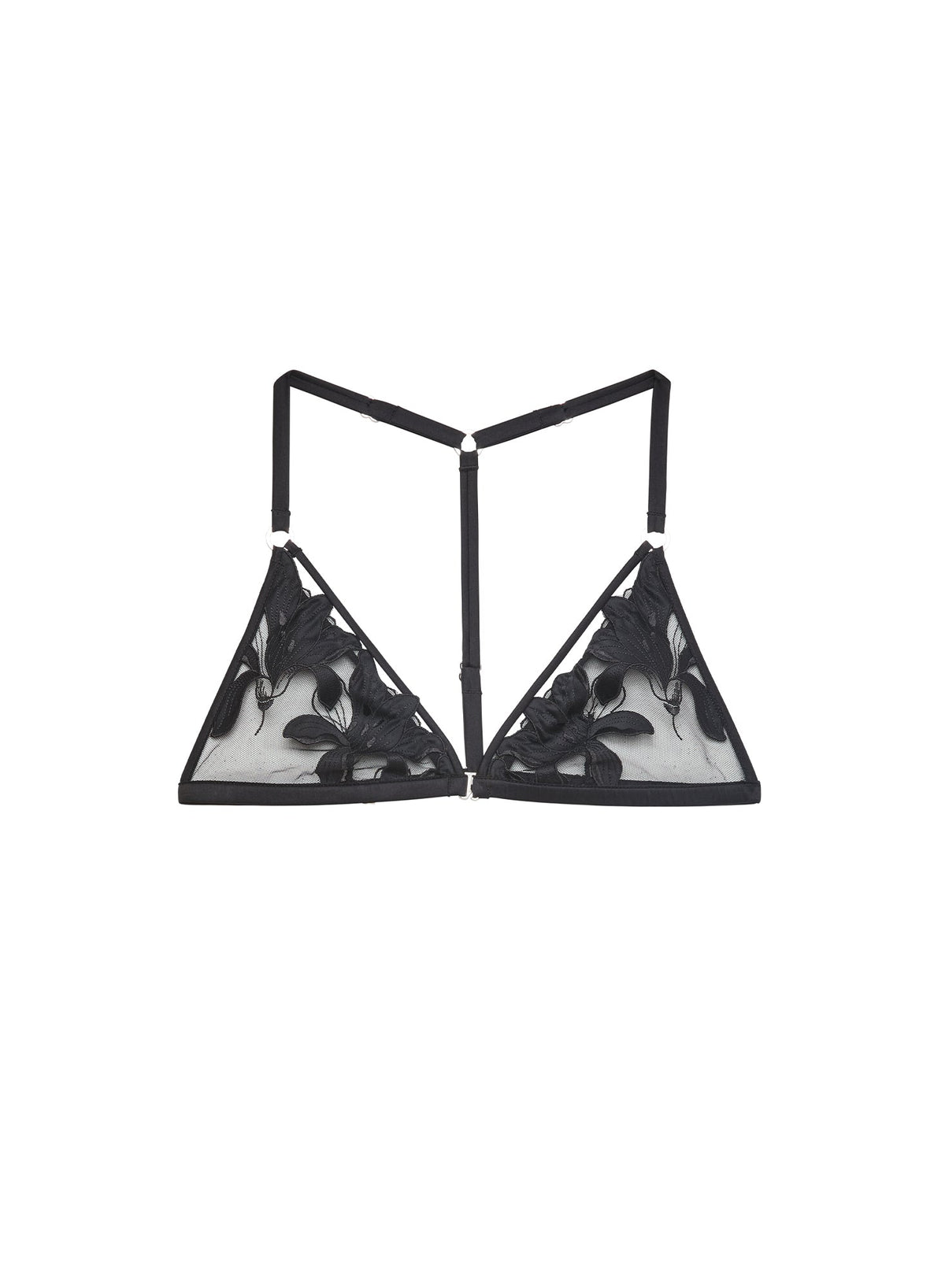 Black Lily Embroidery T-Back Racer Triangle Bra - Fleur du Mal