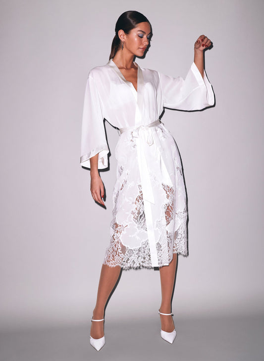 Ivory Mia Lace Long Robe - Fleur du Mal