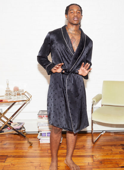 Black Silk Jacquard Robe - Fleur du Mal