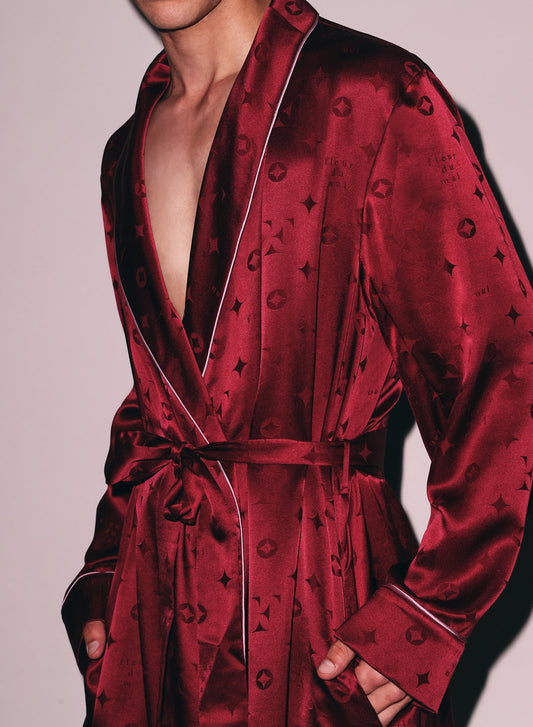 Burgundy Silk Jacquard Robe - Fleur du Mal