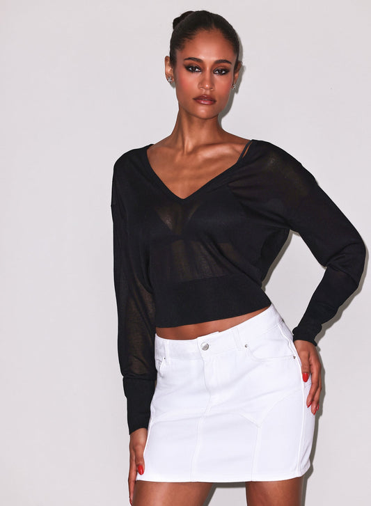 Black Sheer Knit V-Neck Sweater - Fleur du Mal
