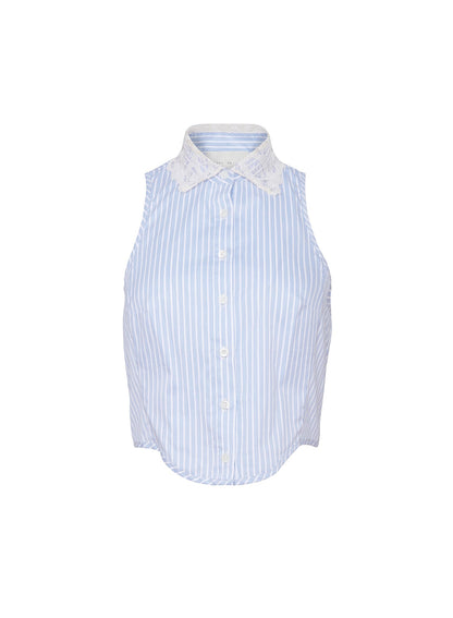Blue Stripe Poplin Embroidery Collar Bib Top - Fleur du Mal