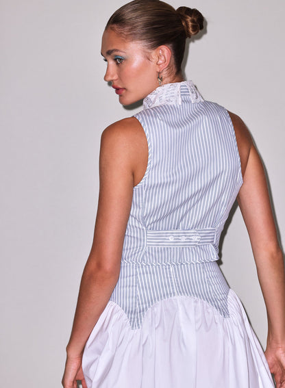 Blue Stripe Poplin Embroidery Collar Bib Top - Fleur du Mal