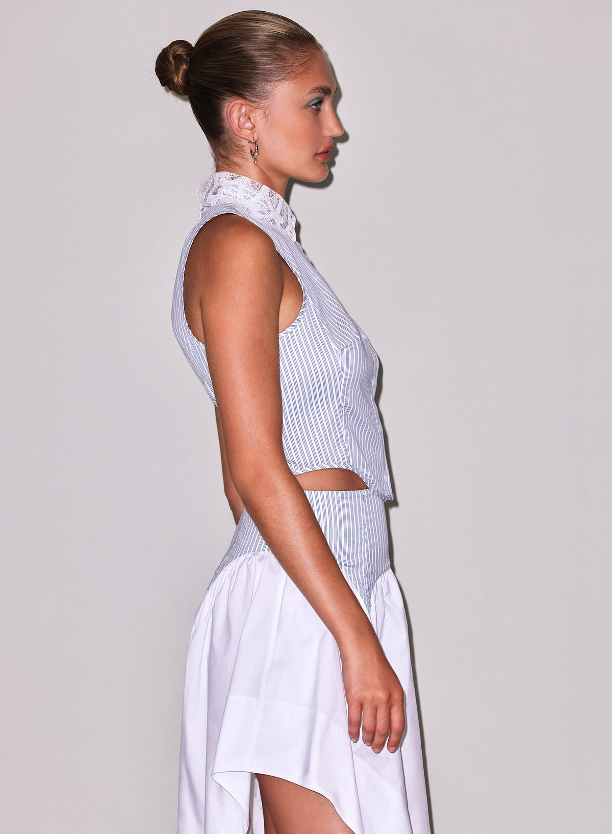 Blue Stripe Poplin Embroidery Collar Bib Top - Fleur du Mal