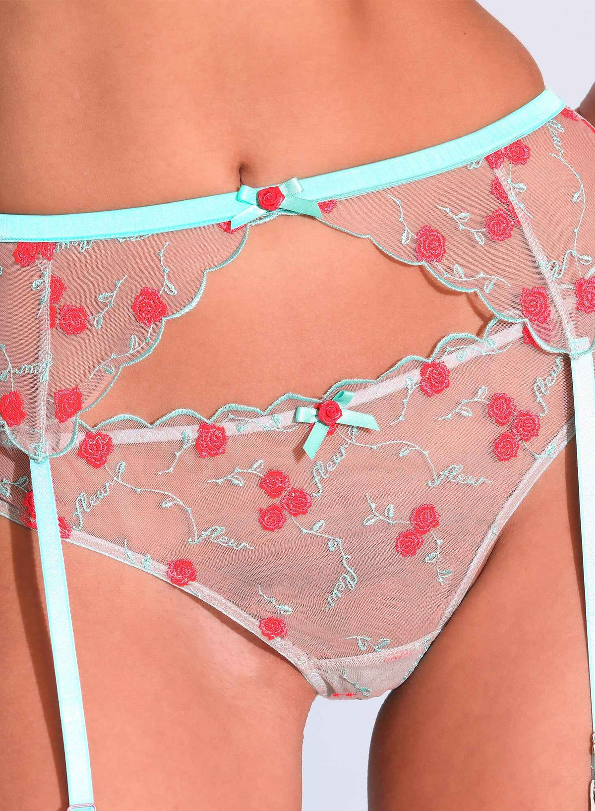 Mint Rose & Vine Embroidery Garter Belt - Fleur du Mal