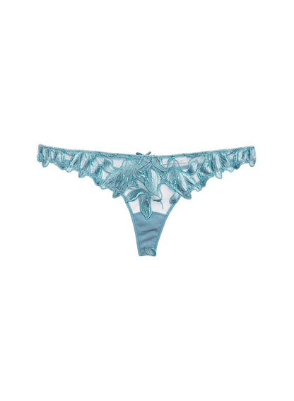 Velvet Icy Teal Lily Embroidery Hipster Thong - Fleur du Mal