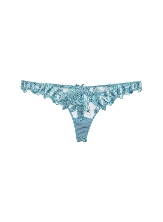 Velvet Icy Teal Lily Embroidery Hipster Thong - Fleur du Mal
