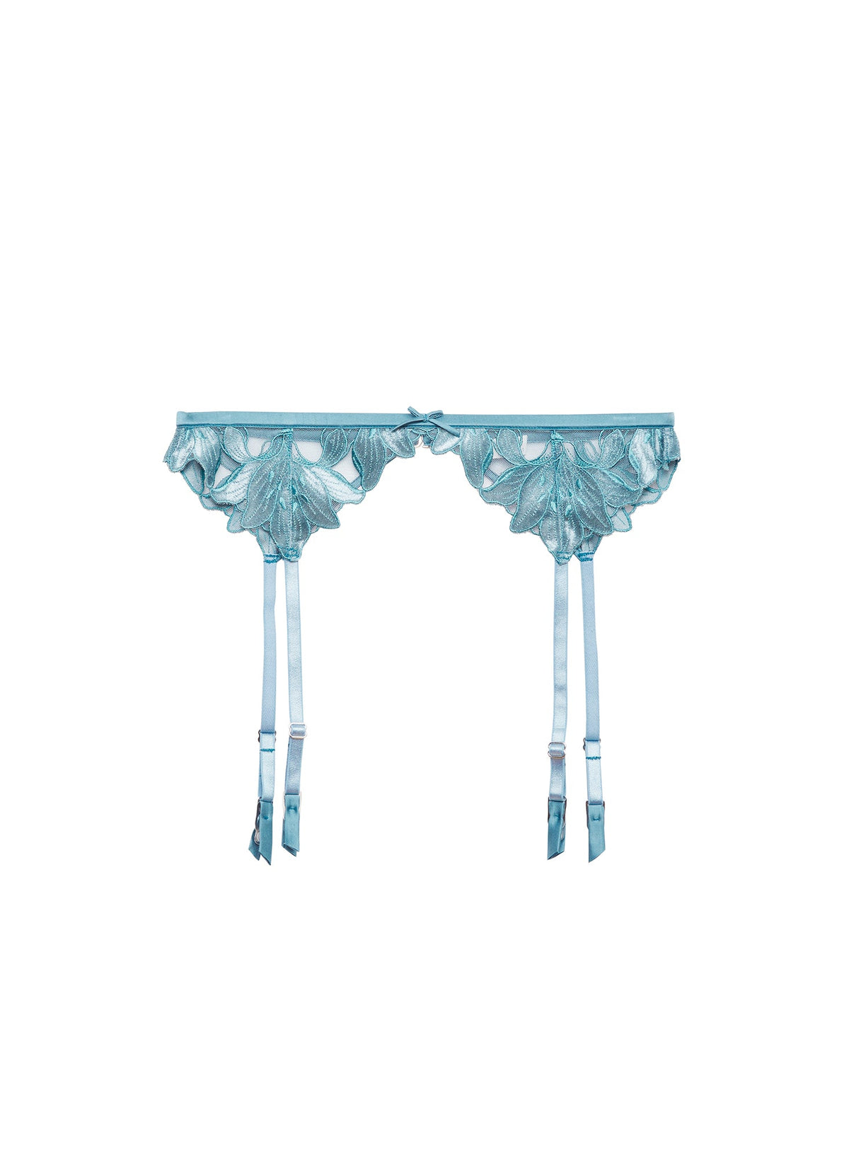 Icy Teal Velvet Lily Embroidery Garter Belt - Fleur du Mal