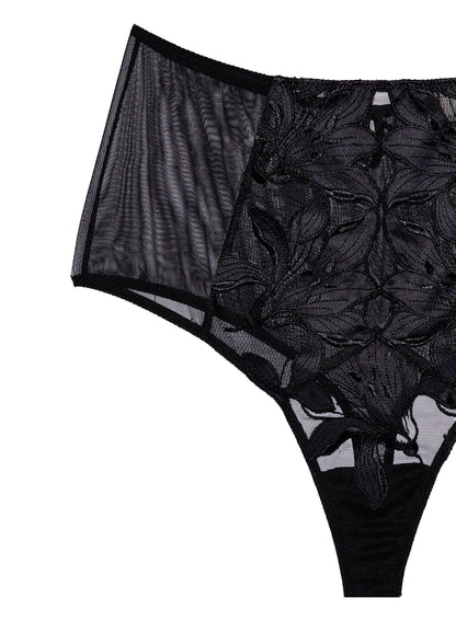 Black Lily Embroidery High Waist Thong - Fleur du Mal