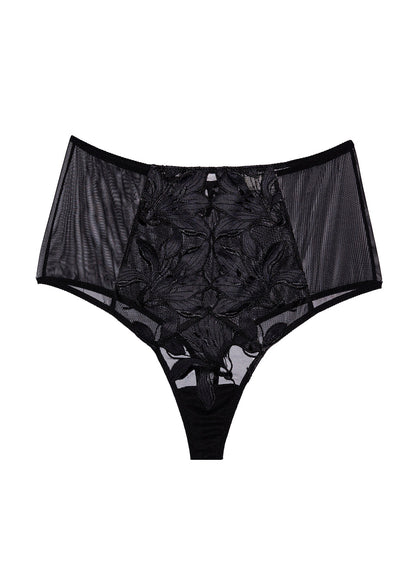 Black Lily Embroidery High Waist Thong - Fleur du Mal