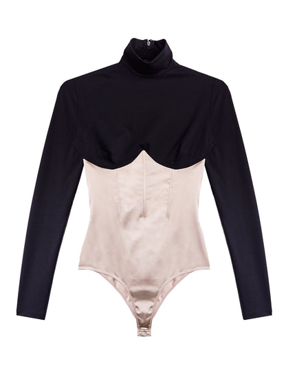 Black Bone Mock Neck Long Sleeve Bodysuit - Fleur du Mal