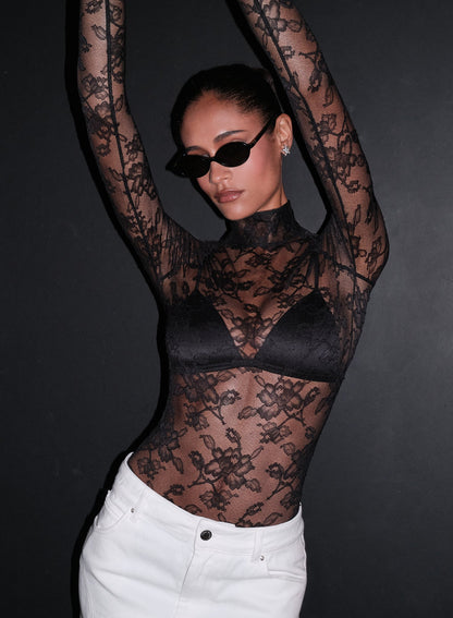 Black Mock Neck Lace Bodysuit - Fleur du Mal