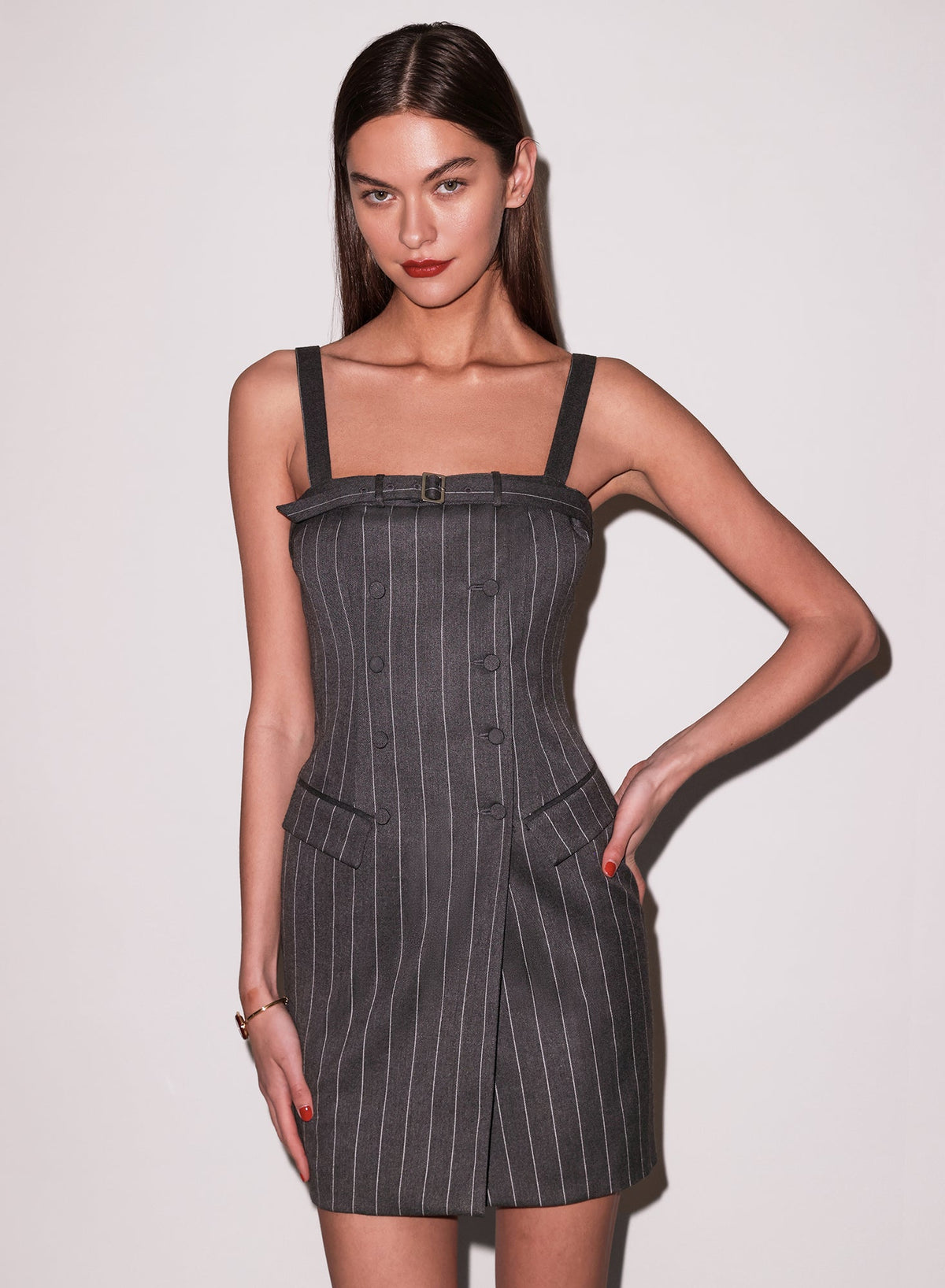 Dark Grey Pinstripe Maxwell Mini Dress - Fleur du Mal